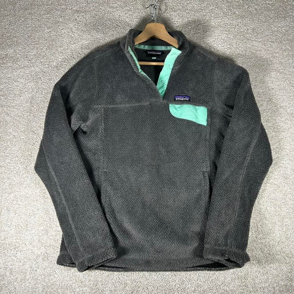 Women's Patagonia Re Tool grey and mint green fur fleece t snap sweatshirt M